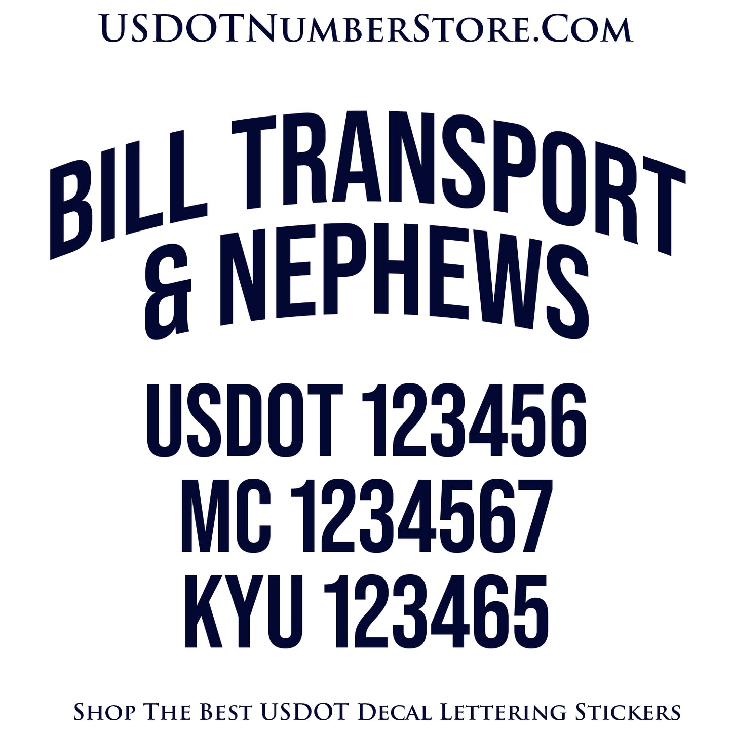 Arched Transport Trucking Name with USDOT, MC, & KYU Number Decal Sticker Lettering | Set of 2