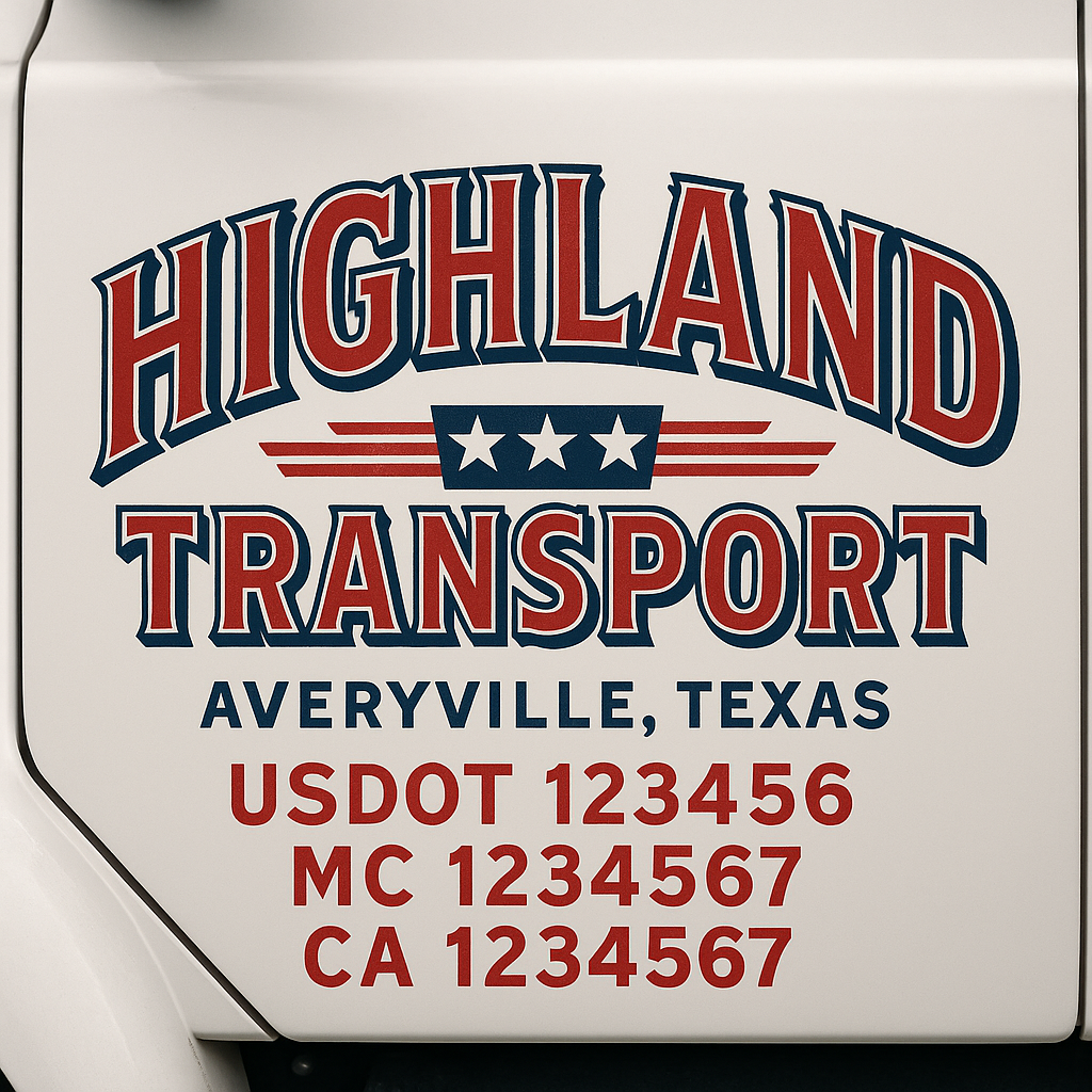 Trucking Door Decal With Name, City, USDOT, MC, CA, KYU, or Regulation Number Decal Stickers | Semi Truck US DOT Lettering Signs