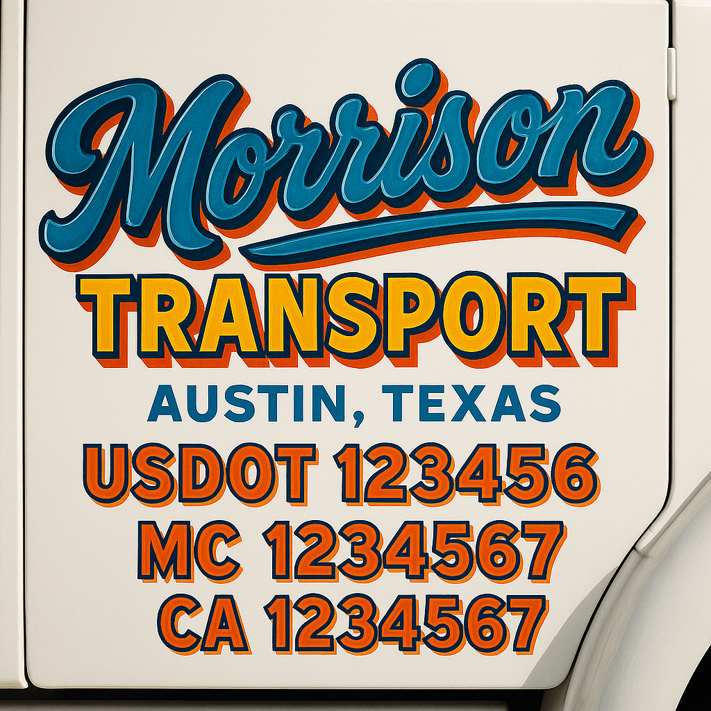 Trucking Door Decal With Name, City, USDOT, MC, CA, KYU, or Regulation Number Decal Stickers | Semi Truck US DOT Lettering Signs