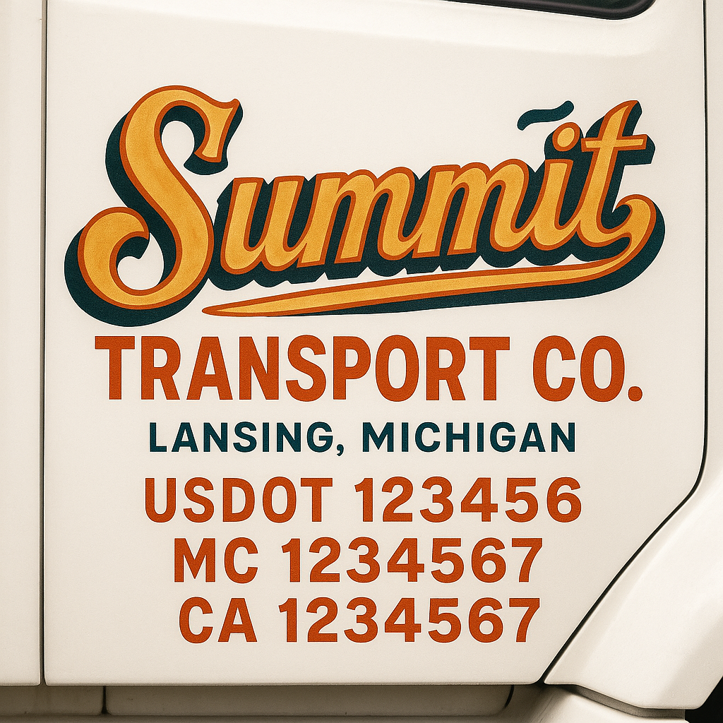 Trucking Door Decal With Name, City, USDOT, MC, CA, KYU, or Regulation Number Decal Stickers | Semi Truck US DOT Lettering Signs