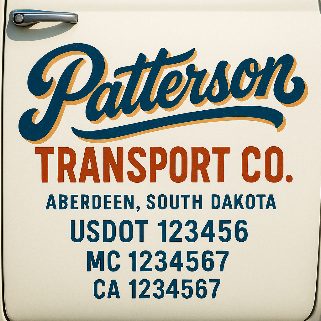 Trucking Door Decal With Name, City, USDOT, MC, CA, KYU, or Regulation Number Decal Stickers | Semi Truck US DOT Lettering Signs
