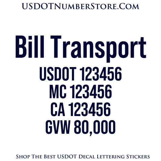 Transport Trucking Name with USDOT, MC, CA & GVW Number Decal Sticker Lettering | Set of 2