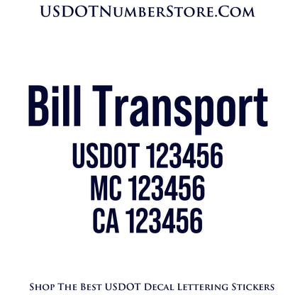 Transport Trucking Name with USDOT, MC & CA Number Decal Sticker Lettering | Set of 2