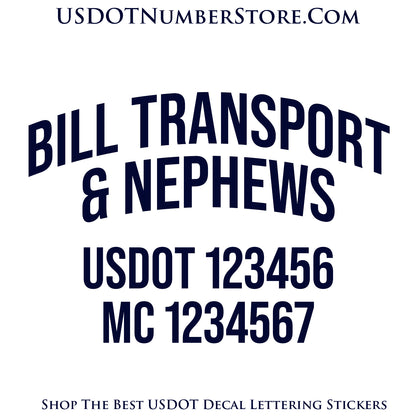 Arched Transport Trucking Name with USDOT & MC Number Decal Sticker Lettering | Set of 2