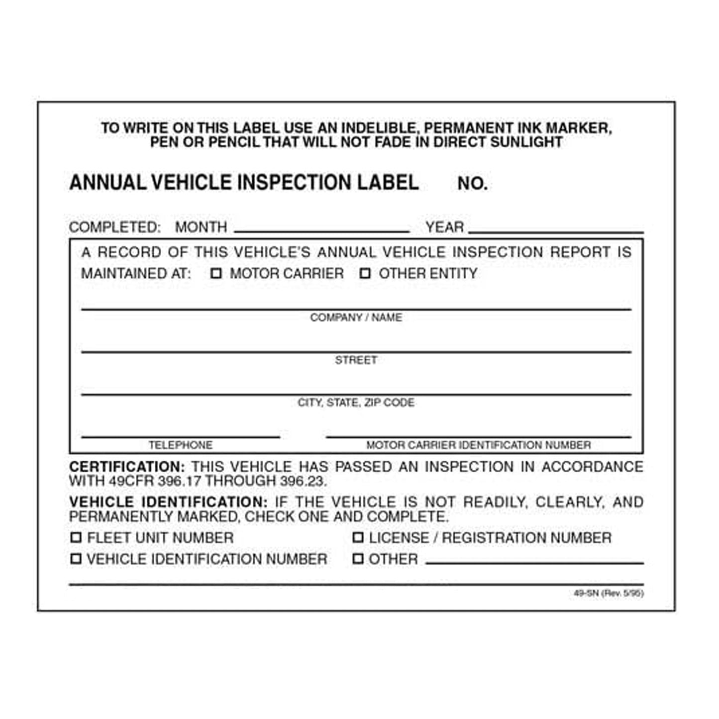 White FMCSA Annual Vehicle Inspection Label Decal Sticker