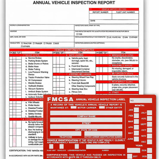 Annual Vehicle Inspection Report Carbonless Sheet with Red FMCSA Annual Vehicle Inspection Label Sticker