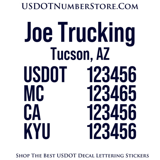 Trucking Name with City, USDOT, MC, CA & KYU Number Decal Sticker Lettering | Set of 2