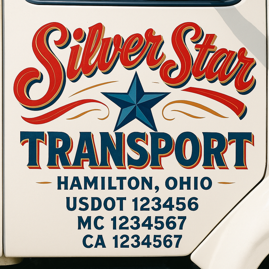 Trucking Door Decal With Name, City, USDOT, MC, CA, KYU, or Regulation Number Decal Stickers | Semi Truck US DOT Lettering Signs