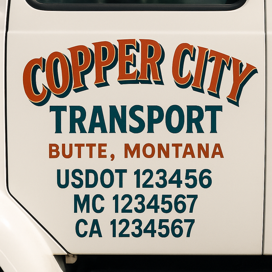 Trucking Door Decal With Name, City, USDOT, MC, CA, KYU, or Regulation Number Decal Stickers | Semi Truck US DOT Lettering Signs
