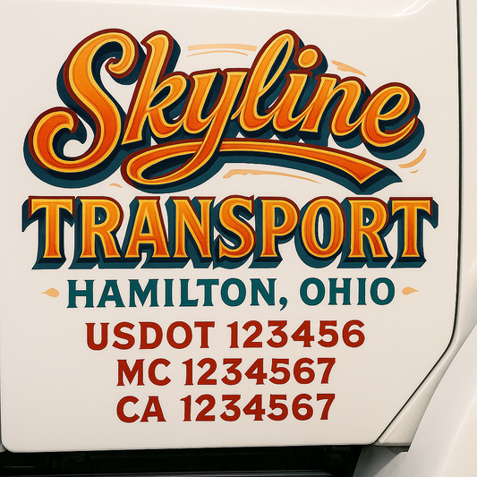 Trucking Door Decal With Name, City, USDOT, MC, CA, KYU, or Regulation Number Decal Stickers | Semi Truck US DOT Lettering Signs