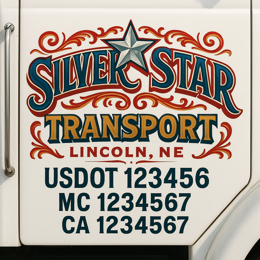 Trucking Door Decal With Name, City, USDOT, MC, CA, KYU, or Regulation Number Decal Stickers | Semi Truck US DOT Lettering Signs
