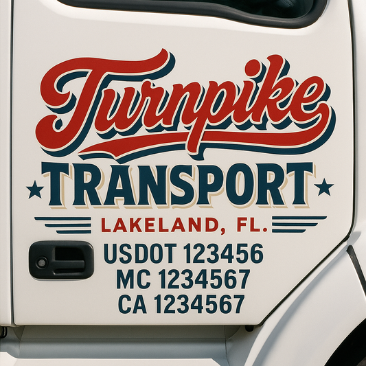 Trucking Door Decal With Name, City, USDOT, MC, CA, KYU, or Regulation Number Decal Stickers | Semi Truck US DOT Lettering Signs