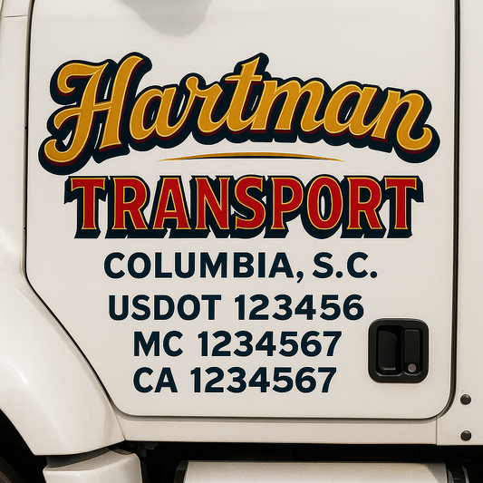 Trucking Door Decal With Name, City, USDOT, MC, CA, KYU, or Regulation Number Decal Stickers | Semi Truck US DOT Lettering Signs