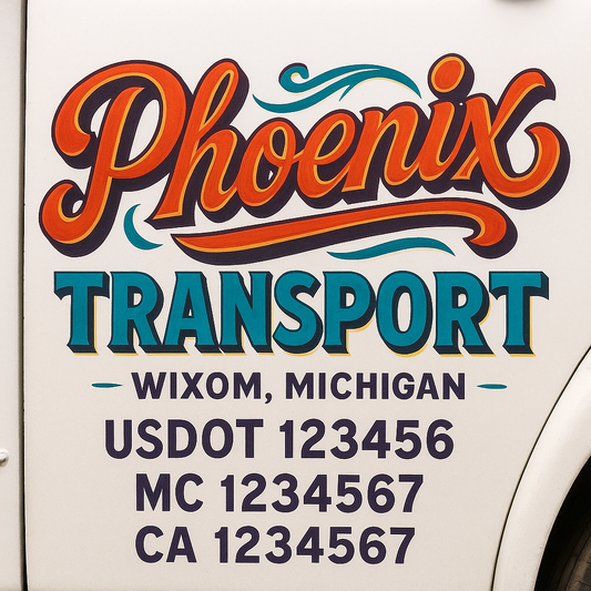 Trucking Door Decal With Name, City, USDOT, MC, CA, KYU, or Regulation Number Decal Stickers | Semi Truck US DOT Lettering Signs