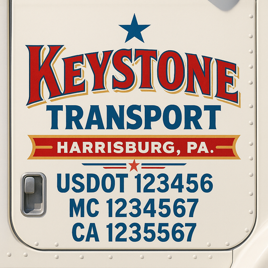 Trucking Door Decal With Name, City, USDOT, MC, CA, KYU, or Regulation Number Decal Stickers | Semi Truck US DOT Lettering Signs