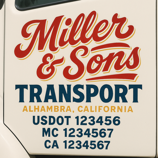 Trucking Door Decal With Name, City, USDOT, MC, CA, KYU, or Regulation Number Decal Stickers | Semi Truck US DOT Lettering Signs