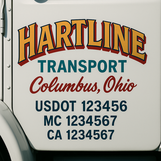 Trucking Door Decal With Name, City, USDOT, MC, CA, KYU, or Regulation Number Decal Stickers | Semi Truck US DOT Lettering Signs