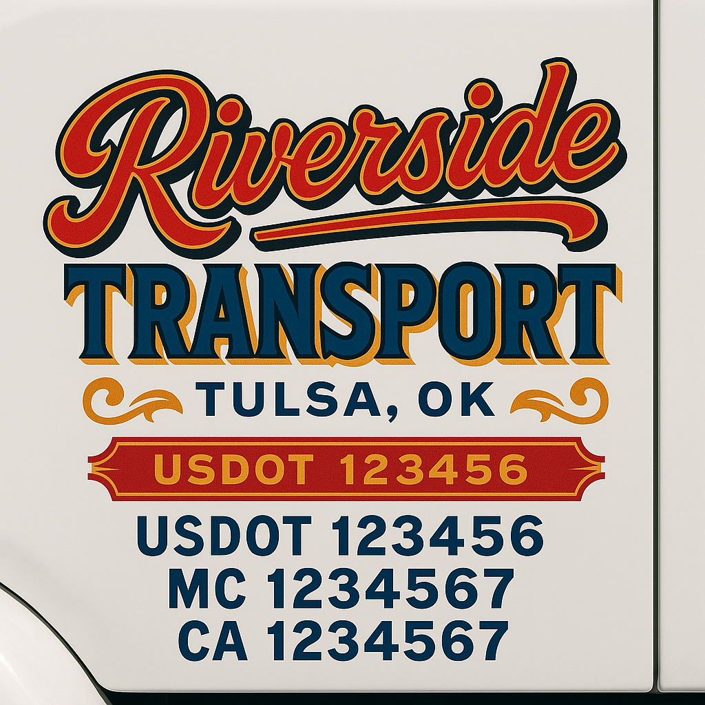Trucking Door Decal With Name, City, USDOT, MC, CA, KYU, or Regulation Number Decal Stickers | Semi Truck US DOT Lettering Signs