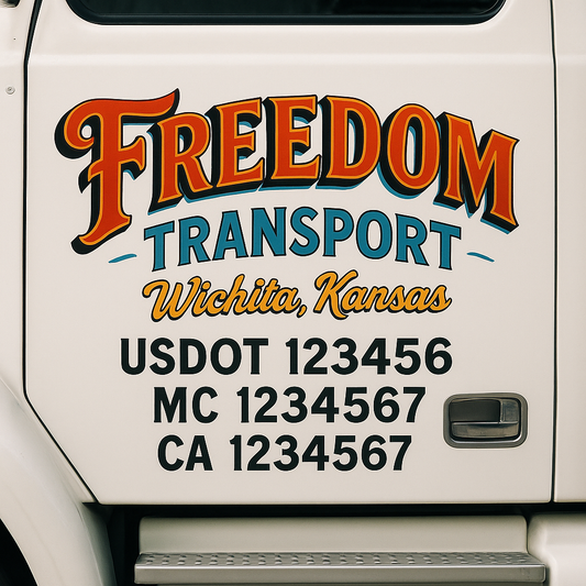 Trucking Door Decal With Name, City, USDOT, MC, CA, KYU, or Regulation Number Decal Stickers | Semi Truck US DOT Lettering Signs