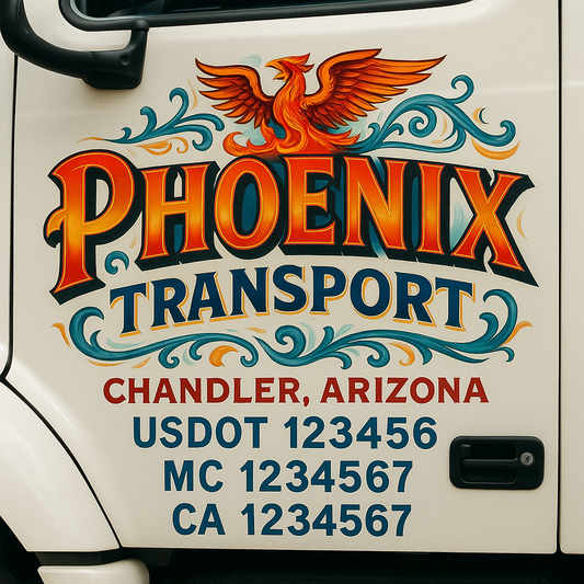 Trucking Door Decal With Name, City, USDOT, MC, CA, KYU, or Regulation Number Decal Stickers | Semi Truck US DOT Lettering Signs