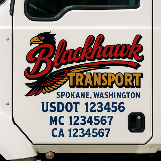 Trucking Door Decal With Name, City, USDOT, MC, CA, KYU, or Regulation Number Decal Stickers | Semi Truck US DOT Lettering Signs