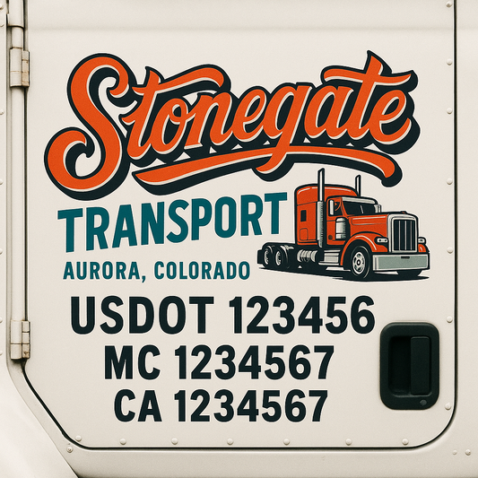 Trucking Door Decal With Name, City, USDOT, MC, CA, KYU, or Regulation Number Decal Stickers | Semi Truck US DOT Lettering Signs