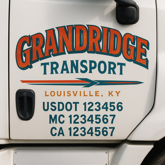 Trucking Door Decal With Name, City, USDOT, MC, CA, KYU, or Regulation Number Decal Stickers | Semi Truck US DOT Lettering Signs