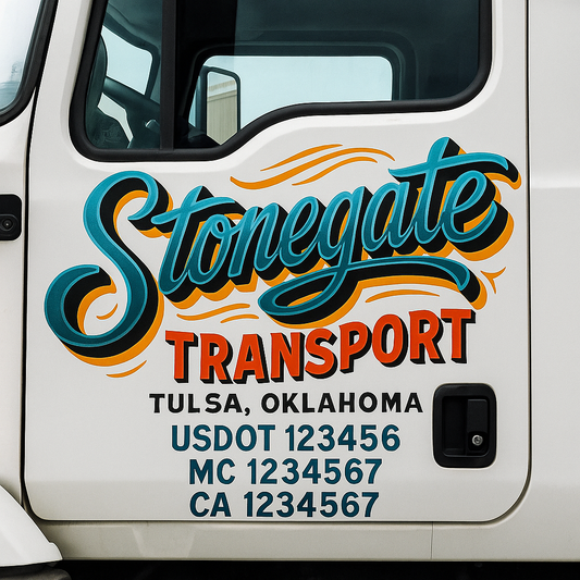 Trucking Door Decal With Name, City, USDOT, MC, CA, KYU, or Regulation Number Decal Stickers | Semi Truck US DOT Lettering Signs
