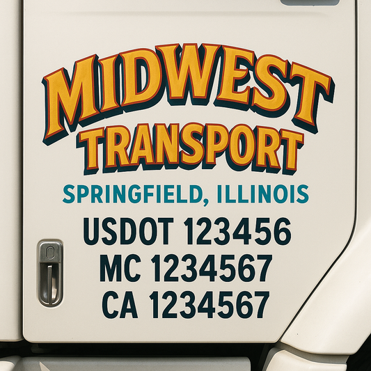 Trucking Door Decal With Name, City, USDOT, MC, CA, KYU, or Regulation Number Decal Stickers | Semi Truck US DOT Lettering Signs