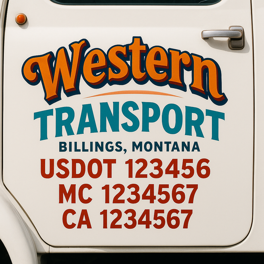 Trucking Door Decal With Name, City, USDOT, MC, CA, KYU, or Regulation Number Decal Stickers | Semi Truck US DOT Lettering Signs