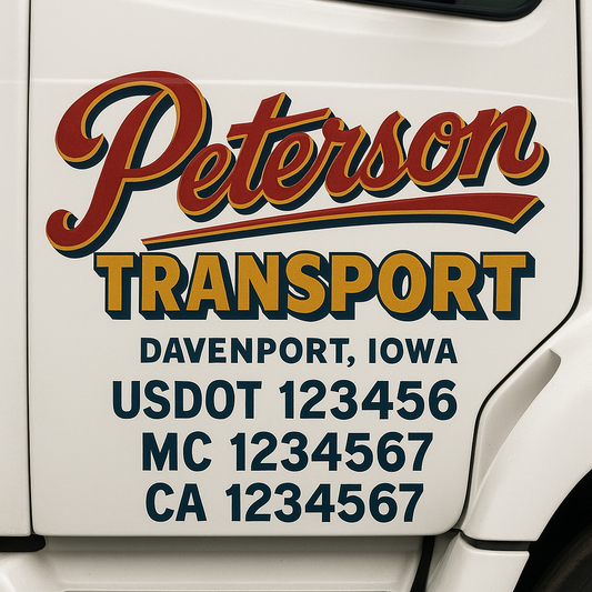 Trucking Door Decal With Name, City, USDOT, MC, CA, KYU, or Regulation Number Decal Stickers | Semi Truck US DOT Lettering Signs