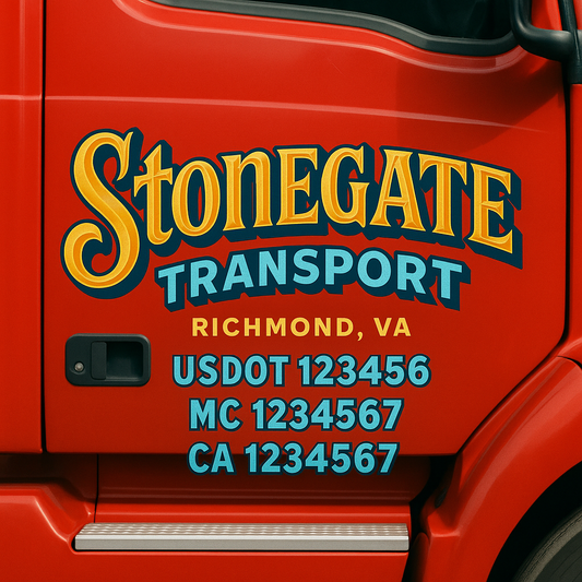 Trucking Door Decal With Name, City, USDOT, MC, CA, KYU, or Regulation Number Decal Stickers | Semi Truck US DOT Lettering Signs
