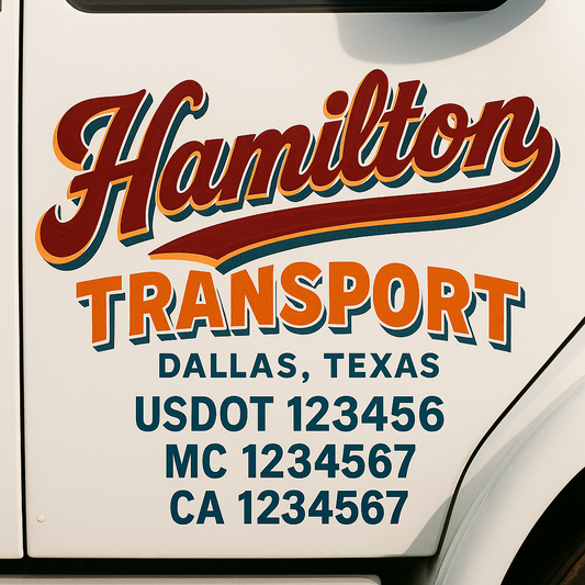 Trucking Door Decal With Name, City, USDOT, MC, CA, KYU, or Regulation Number Decal Stickers | Semi Truck US DOT Lettering Signs