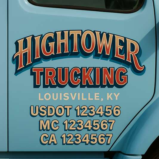 Trucking Door Decal With Name, City, USDOT, MC, CA, KYU, or Regulation Number Decal Stickers | Semi Truck US DOT Lettering Signs