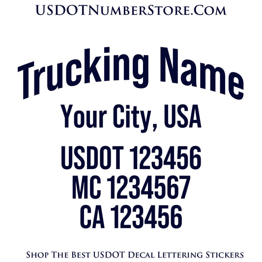 Arched Trucking Name with City, USDOT, MC & CA Number Decal Sticker Lettering | Set of 2