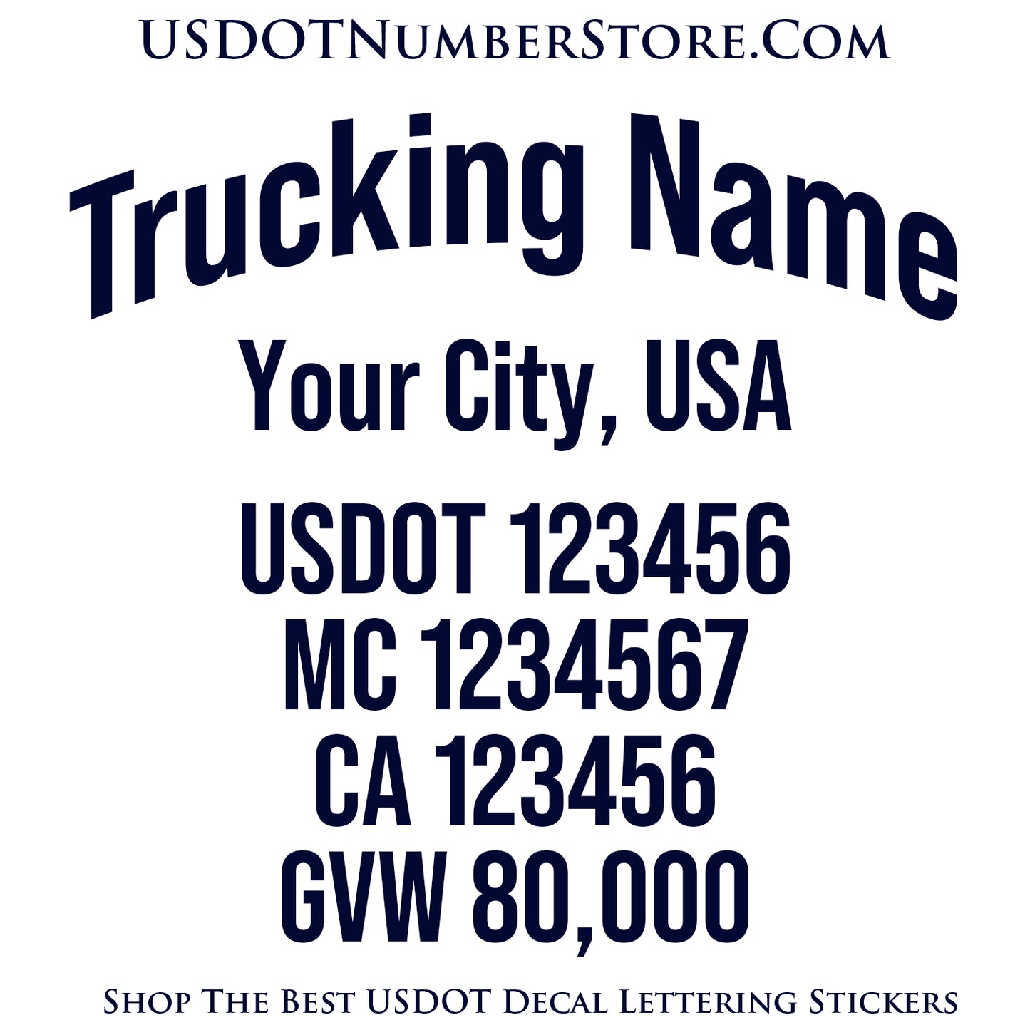 Arched Trucking Name with City, USDOT, MC, CA & GVW Number Decal Sticker Lettering | Set of 2